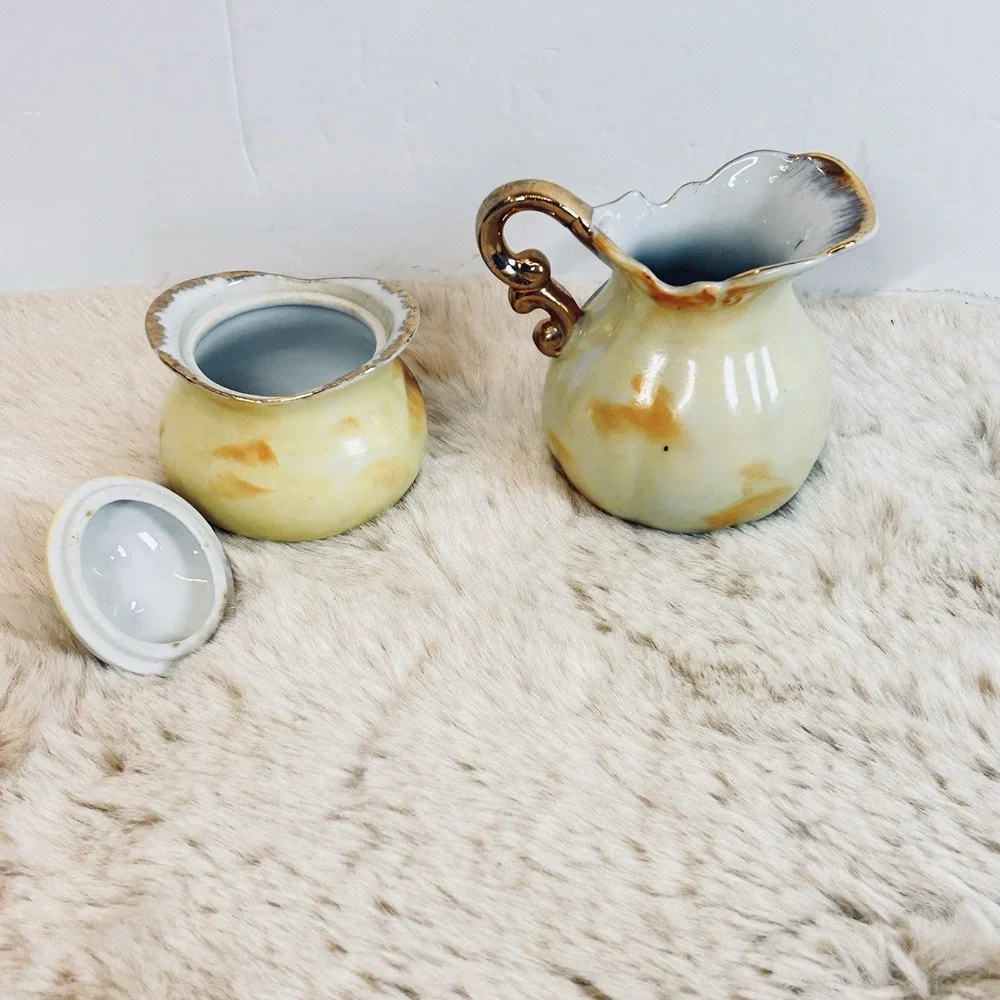 Vintage Enesco Porcelain Mini Sugar Creamer Set Fruit Colorful‎ Gold Accent